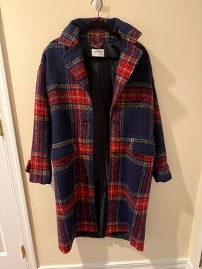 Old Navy Navy & Red Plaid Long Pea Coat